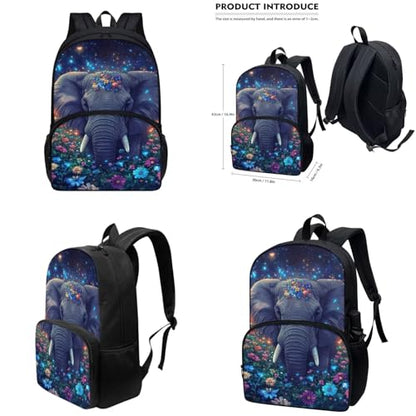 Aesthetic Elephant Backpack for Girls Kids Backpack with Lunch Box Water Bottle Carrier and Pencil Holder Pouch 4Pcs Set 17" Bookbag with Large Front Pocket Lightweight Elementary School Bag - color: Aesthetic Elephant