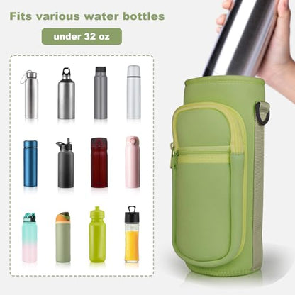 Water Bottle Holder with Strap, Water Bottle Carrier Bag with Phone Pocket, Shoulder Hand Strap Insulated Neoprene 32/40 oz Water Bottle Sleeve for Walking Hiking Camping Gym - color: 7 GREEN, size: under 32oz