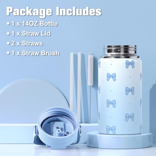 Bevalsa Backpack for Girls, Bow Bookpack with 14oz Insulated Water Bottle, Lunch Bag & Pen Case, Schoolbag for Kids & BPA-FREE Stainless Steel Metal Cup for Elementary Middle Student (Blue) - color: Blue