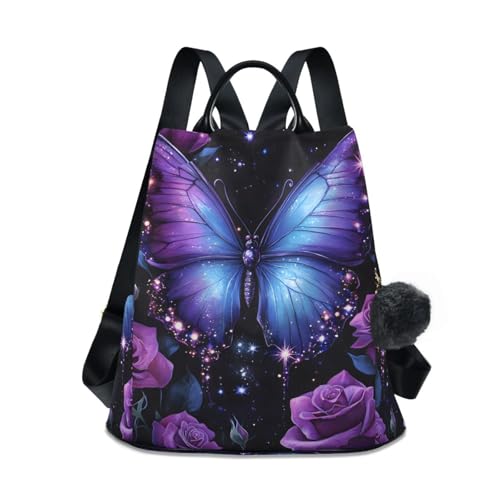 MNSRUU Backpack Womens, Anti-Theft Womens Backpack Travel Handbags Shoulder Bag Butterfly Rose Carry On Ladies Rucksack Fashion Casual Daypack, Hairball Pendant - color: Butterfly A16955