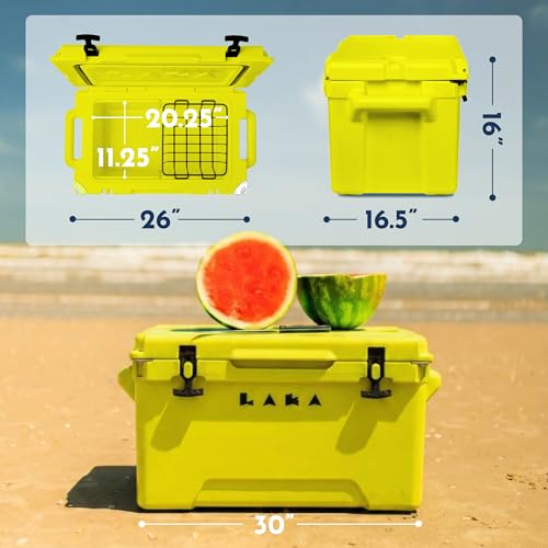 Laka Cooler – 45 Quart Rotomolded Hard Cooler, Insulated Ice Chest Holds 36 Cans/45 lb Ice, Up to 7 Days Cold, Drain Plug + Basket, Non-Slip Feet, Beach Boat Camping Tailgate - color: Yellow