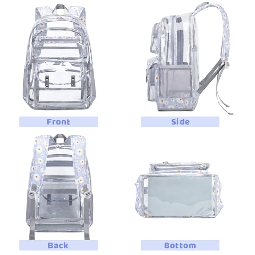 ACESAK Clear Backpack for Girls - 3 Pcs Clear Backpack Heavy Duty with Lunch Bag - See Through Bookbag Stadium Approved for Kids Middle High College School Sport Travel (Gray Daisy) - color: Gray Daisy