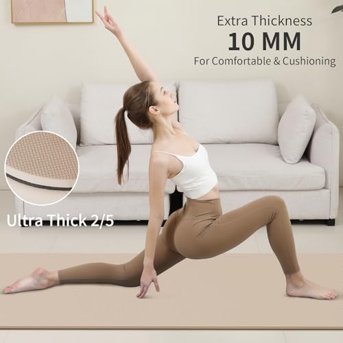 PAIDU Yoga Mat Non Slip Anti-tear,extra thick-2/5 inch（10MM）High Resiliency Professional POE Yoga Mats for Women Men Kids,72"x24"inch,Workout, Yoga, Pilates and Floor Exercise, with Carrier Strap - color: Beige+Black.