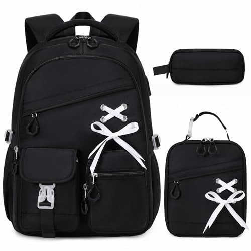 DIGOBAY Backpacks for Girls - 3PCS Girls Backpack with Lunch Box & Pencil Pouch School Backpacks for Elementary Middle High College School Bookbag for Teen Girl Kids Students Black - color: Black