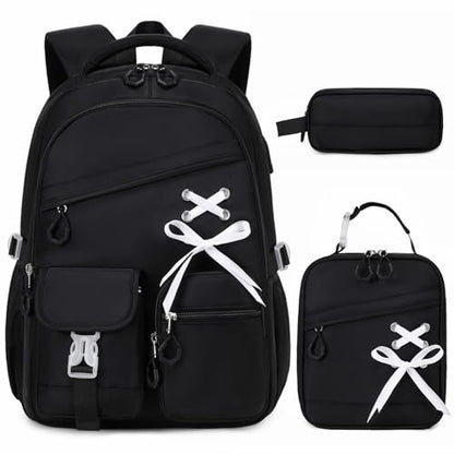 DIGOBAY Backpacks for Girls - 3PCS Girls Backpack with Lunch Box & Pencil Pouch School Backpacks for Elementary Middle High College School Bookbag for Teen Girl Kids Students Black - color: Black