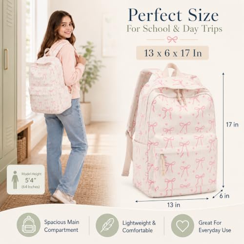 Bluboon School Backpack for Teen Girls Women Laptop Backpack College Bookbags Middle School Travel Work Commuter Back Pack - color: Beige Base Pink Bow & Heart