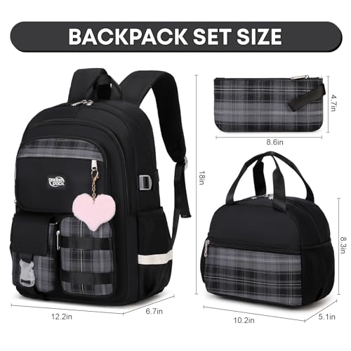3PCS Student Backpack For School Women College Middle High Teen Girls Bookbag Waterproof Laptop Bag Plaid Black - color: Plaid Black