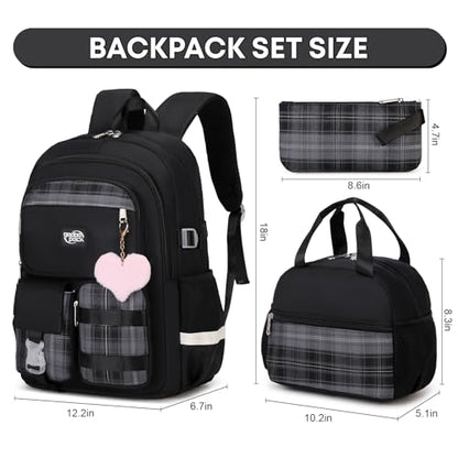 3PCS Student Backpack For School Women College Middle High Teen Girls Bookbag Waterproof Laptop Bag Plaid Black - color: Plaid Black
