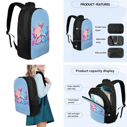 Flashideas Cute Axolotl Backpack for Girls Boys Backpack with Lunch Box 32 oz Water Bottle and Water Bottle Bag 4Pcs Set 17" Bookbag with Compartments for School Sturdy School Bag for Kids Elementary - color: Cute Axolotl-8