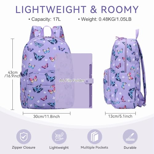 VASCHY School Backpacks, Lightweight Bookbag Schoolbag for Kid Girls Casual Basic Simple Daypack for Teen Girls Butterfly - color: Lavender Butterflies