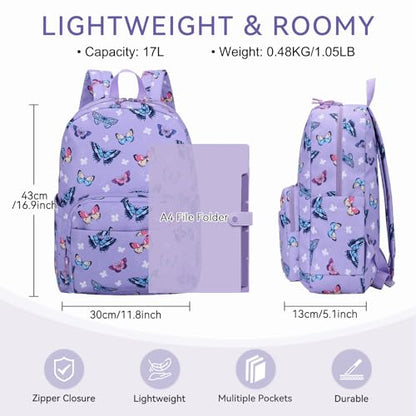 VASCHY School Backpacks, Lightweight Bookbag Schoolbag for Kid Girls Casual Basic Simple Daypack for Teen Girls Butterfly - color: Lavender Butterflies