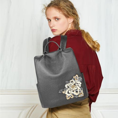 BOYATU Genuine Leather Backpack for Women: Elegant Floral Designer Purse - Small Shoulder Bag for Travel (Grey) - color: Z-grey