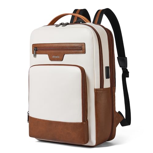 Shrrie Leather Laptop Backpack for Women and Men,28 L Travel Backpack Computer Bag Fits 16 inch Laptop,Expandable Casual Daypack with USB Port for Work Business Weekender College,Beige with Brown - color: Beige With Brown