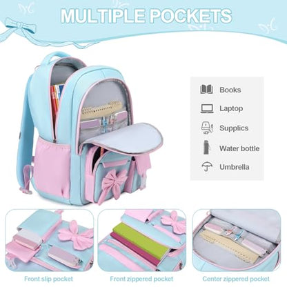 DIGOBAY Backpack for Girls, 3PCS Girls Backpack for School with Lunch Bag Pencil Case, Cute Kids Teens Bookbag for Kindergarten Elementary Preschool Middle School - color: Blue-green-pink