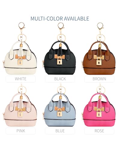 2 pcs Cute Mini Cosmetic Bag for Women PU Leather Backpack Keychain Makeup Bag Key Pocket Lipstick Bag Card Holder Data Cable Organizer Zipper Pouch (Handbag, White + Brown) - color: White + Brown