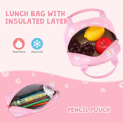 ACESAK Backpack for Girls - Girls Backpack with Lunch Bag & Pencil Pouch for Teen Kids Laptop Backpack for Women, Elementary Middle High School Bookbag Travel Daypack (Pink Daisy) - color: Pink Daisy