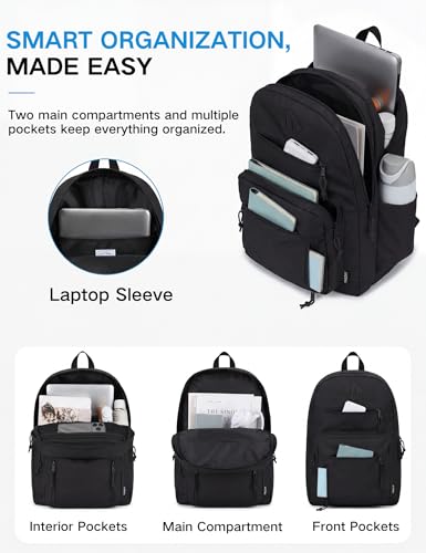 VASCHY School Backpack for Men,Two Compartments Daypack Bookbag Schoolbag for High School Teen Boy Girls/College/Work/Travel Women Black - color: Black