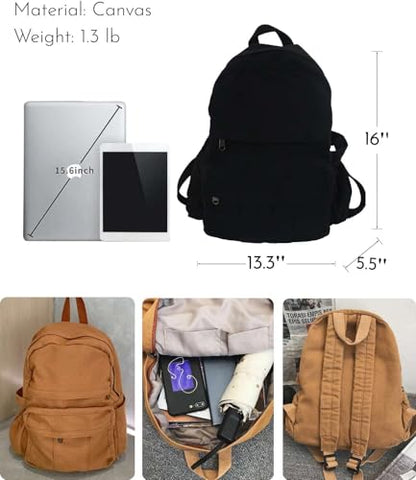 Black Canvas Backpack for Women & Men Retro Aesthetic Rucksack Basic Backpack for High School/College Students Travel Laptop Bag - color: Black
