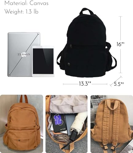 Black Canvas Backpack for Women & Men Retro Aesthetic Rucksack Basic Backpack for High School/College Students Travel Laptop Bag - color: Black