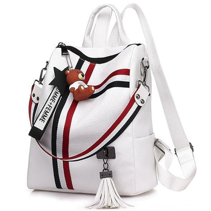 Fashion PU Leather Backpack Purse for Women Travel Backpack Bag with Tassel Ladies Shoulder Handbags Casual Daypack - color: White