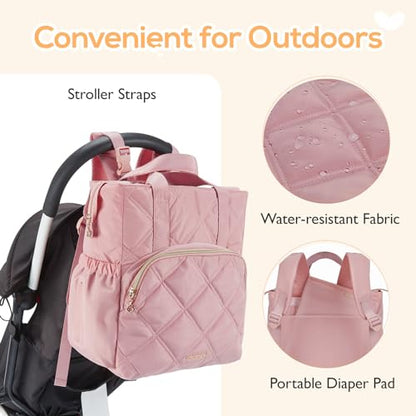 mommore Quilted Diaper Bag Backpack, Small Baby Bags, Lightweight Mini Diaper Backpack for Travel, with Insulated Pockets, Changing Pad (Pink) - color: Top Handle-pink