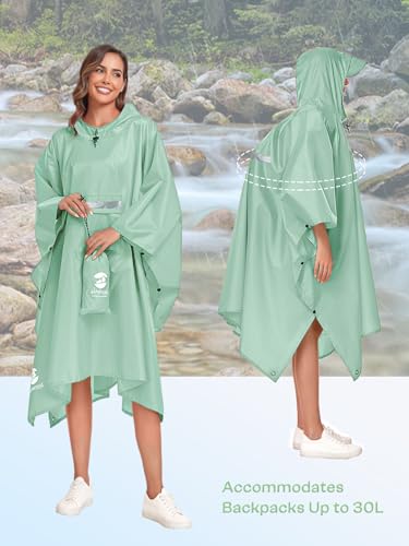 SaphiRose Extra Thick Hooded Rain Poncho Double Layer Waterproof Raincoat Jacket for Men Women Adults - color: Sage Green