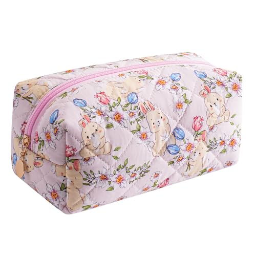 Cute Floral Makeup Bag Small Cotton Quilted Cosmetic Bag, Aesthetic Essential Bag Emergency Bag Gift for Women Girls Travel Accessories (Yellow Rabbit) - color: Yellow Rabbit
