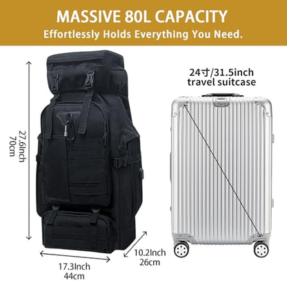 80L Camping Hiking Backpack, Large Military Tactical Backpack with USB Charging Port, Waterproof Travel Daypack With Carabiner Outdoor MOLLE Rucksack for Men Women (Black) - color: 80l Black-biner