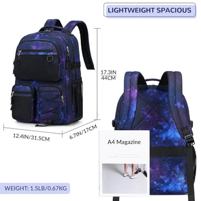 Lohol Multi-Pocket Backpack for Travel College, Heavy Duty Big Bookbag with 15.6 inch Laptop Compartment (Black Purple Galaxy - color: Black Purple Galaxy