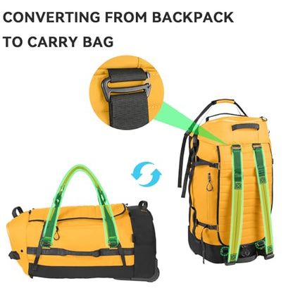 85L 29“ Foldable Rolling Backpack with Wheels, Soft-side Travel Duffle Bag with Separate Shoe Compartment, Full Quilted Bottom, Yellow - color: Yellow