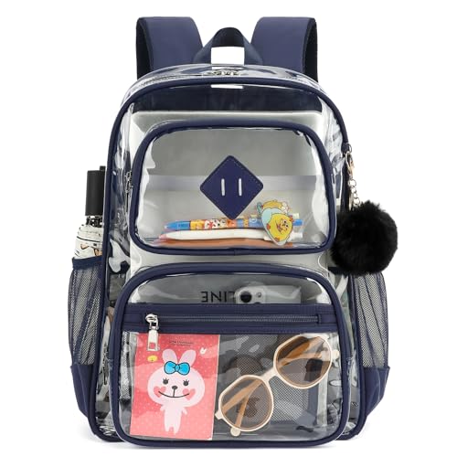 Heavy Duty Clear Backpack for Girls Boys Transparent School Bookbag Kids Durable PVC See Through Backpack-Navy Blue - color: Navy Blue