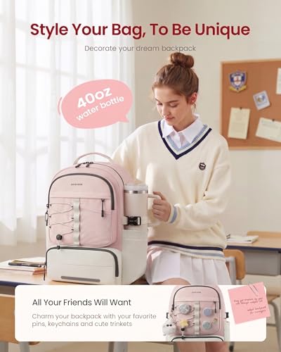 LOVEVOOK School Backpack for Teen Girls, Unique Style College Student Backpacks with Large Cup Holder, Cute Kid Bookbag with Pens Compartment, Large Capacity Back to School Backpack Fit 15.6'' Laptop - color: Pink White, size: Medium
