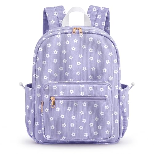 Corduroy Girls Backpack，Cute School Backpack for Teens Girls Kids Bookbags for Elementary High School Women Laptop Bags Daypacks With Lunch Bag and Pencil Case (1 Set) - color: Purple Small White Flowers, size: 1 Set