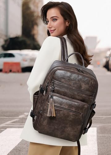 Shrrie Laptop Backpack for Women,Vegan Leather Backpack Work Computer Backpacks fits 16" Laptop,Water Resistant Teacher Nurse Casual Daypack for Weekender Camping Travel,Two-toned Coffee - color: Two-toned Coffee