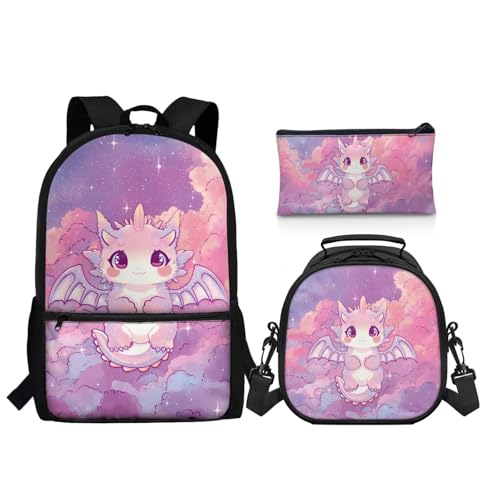 Kids' Backpacks 3 PCS School-Bag Cute Cartoon Axolotl Backpack for Girls 17 Inch Bookbag with Lunch Bag Pencil Case Set Travel Daypack Satchel with Adjustable Strap - color: Axolotl Pink