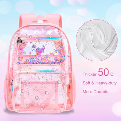 gxtvo 3PCS Clear Backpack, Women’s Sequins Transparent Bookbag Set, Cute Heavy Duty See-Through School Bag for Teens and Elementary Students – Flower Pink Love - color: Flower Pink Love Clear Backpack Set
