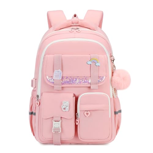 MUSEVOS Girls Backpack, Kids Backpack for Girls, School Bookbag for Teens Age 6-15, Large Capacity Water Resistant Backpack for Elementary to High School, Cute Travel Daypack, Pink - color: Pink