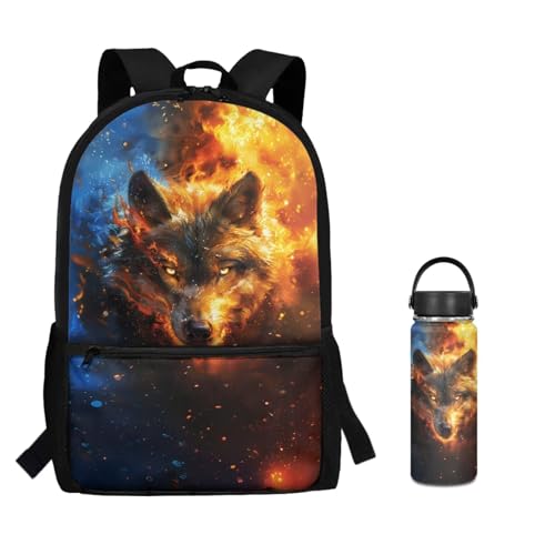 ZOUTAIRONG Flaming Wolf Print Backpack and Small Water Bottle, Large Capacity School Bags Lightweight Bookbag with Side Pockets for Small Thermos - color: Flaming Wolf