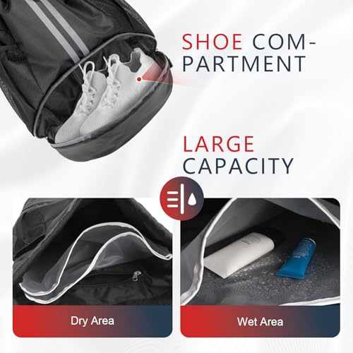 PinCute Drawstring Backpack for Women Men, Gym Bag for Soccer, Basketball, Swim, Beach, Water-Resistant Sports Backpack with Wet Pocket and Shoe Compartment, Black - color: Black