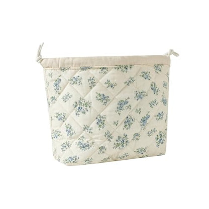 Cotton Quilted Drawstring Makeup Bag with Canvas Lining,Coquette Aesthetic Cute Travel Toiletry Bag,Drawstring Gift Bag for Women and Girls（11Blue Flower） - color: 11Blue Flower
