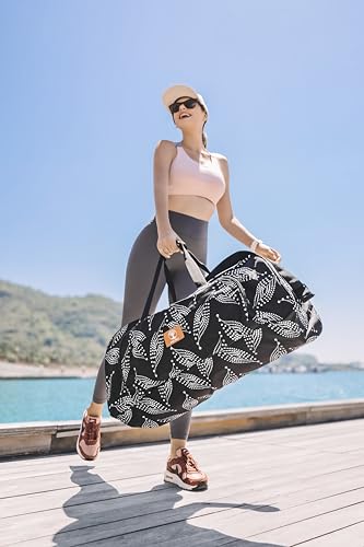 Yoga Mat Bag Carrier with 8-Pocket & Wet Pocket, Air Vent | Large Yoga Mat Holder Fits Thick Mats & Blocks | Gym Duffle Bag for Women & Men - color: White Leave on Black