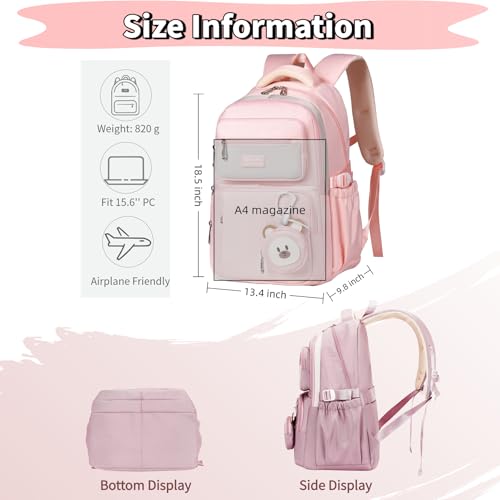 Leaper Preppy Backpack for Teens : 18.5 inch Bookbag Multi-pocket for School Daily -Water Resistant Anti Theft Middle Highschool Student - Aged 10-16 - Gifts for Girls and Kids(Pink) - color: Pink -9802