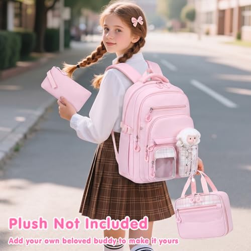 GeeWin Girls Backpack for School with Lunch Box & Pencil Case Set, 17 Inch Stylish Plaid Girls Bookbag with Lots of Pockets for Kids, Teens, Elementary Middle High College School Student (Pink) - color: Pink