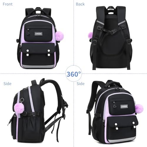 CYOQX School Backpack for Girls Cute Backpack Elementary Middle School High School Teenage Girls Schoolbag (Black Purple) - color: Black Purple