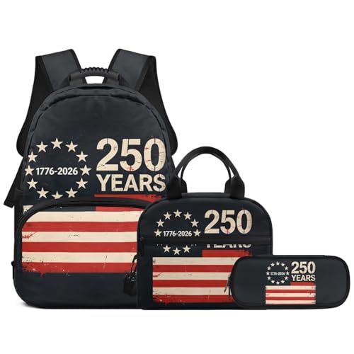 3PCS Backpacks for School 3 in 1 Lightweight American Flag 250 Years 17 Inch Daypacks for Boys Girls School Bag with Insulated Lunch Box Pencil Case - color: American Flag 250 Years