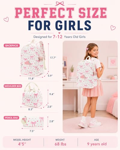 CAMTOP Girls Backpack with Lunch Box Set, Cute Bow School Backpack for Kids, 3-in-1 Lightweight Lunch Bag and Pencil Pouch - color: Beige Pink Heart