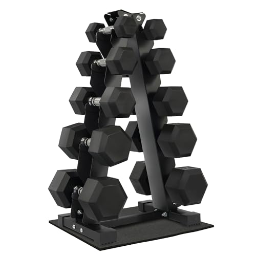 Fitvids Rubber Coated Hex Dumbbell Weight Set and Rack â€“ Dumbbell + A-Rack: 150lbs (5-25lbs Pairs) â€“ Black