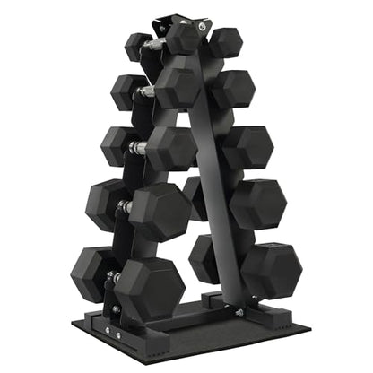 Fitvids Rubber Coated Hex Dumbbell Weight Set and Rack â€“ Dumbbell + A-Rack: 150lbs (5-25lbs Pairs) â€“ Black