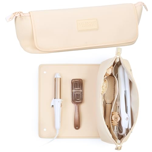 BAREFOOT CARIBOU Hair Tools Travel Bag and Heat Resistant Mat (15.5") for Flat Irons, Straighteners, Curling Iron, Haircare Accessories, 2-in-1 design, Interior Pockets, Portable Organizer (Ivory) - color: Ivory
