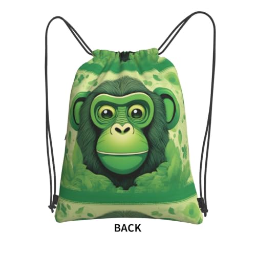 Green Clever Monkey Prints Drawstring Zipper Backpack Lightweight Sport Gym Bag Water-Resistant Travel Throw Cover for Men Women Teens